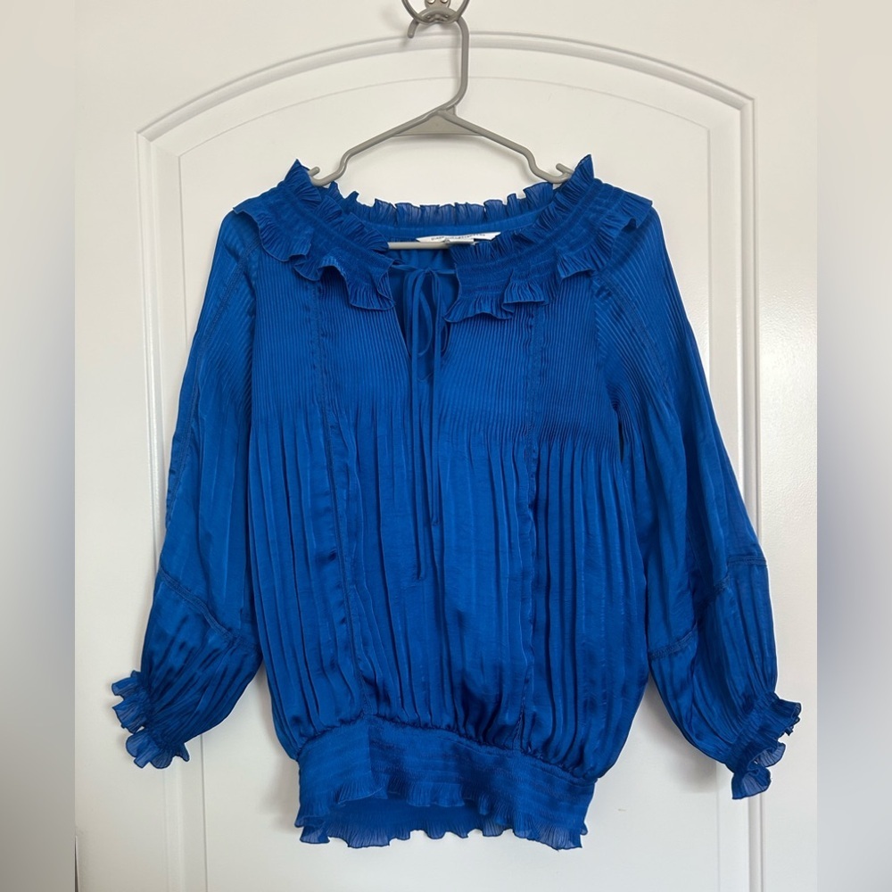 Diane Von Furstenberg Royal Blue Pleated Ruffle Satin Peplum Top size 2 tie fron